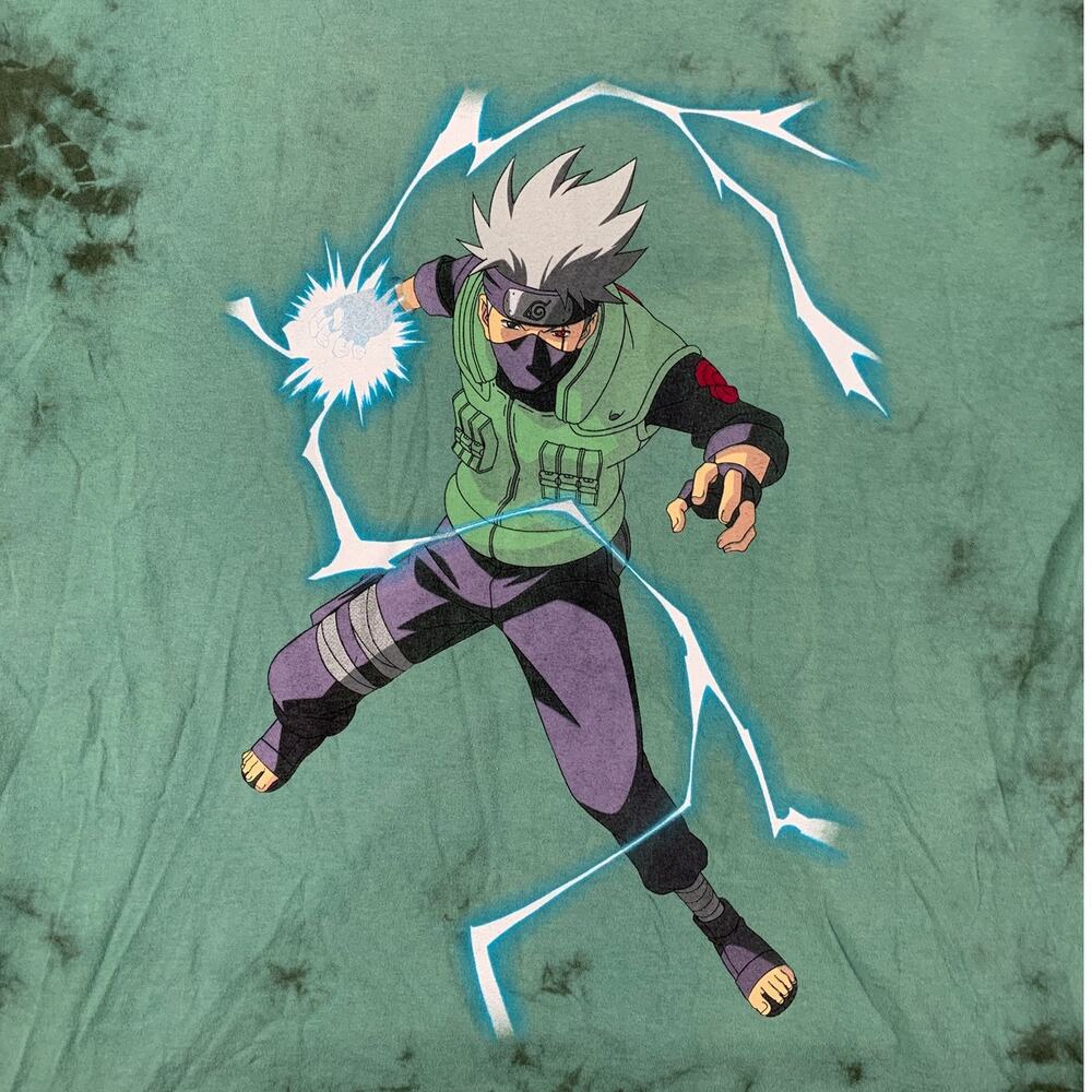 NARUTO Shippuden Collection Kakashi Hatake Green Black Dye T-Shirt sz L Anime